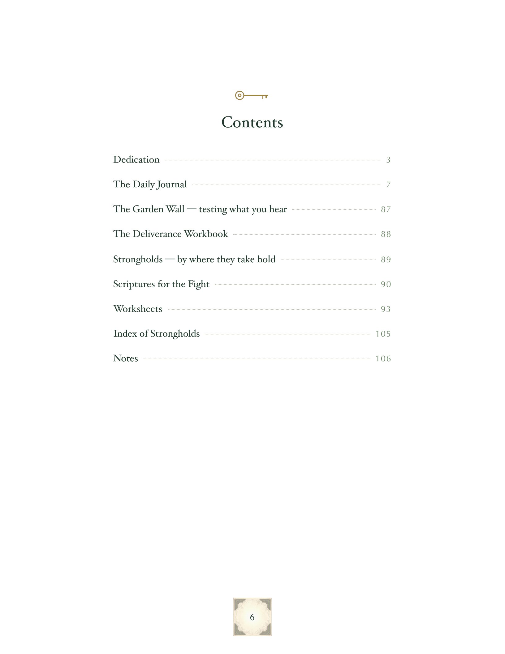 A contents page listing every section by page number