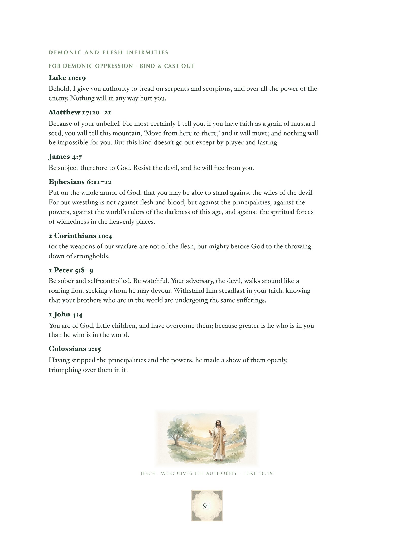 Scriptures for demonic oppression, with a watercolor of Jesus